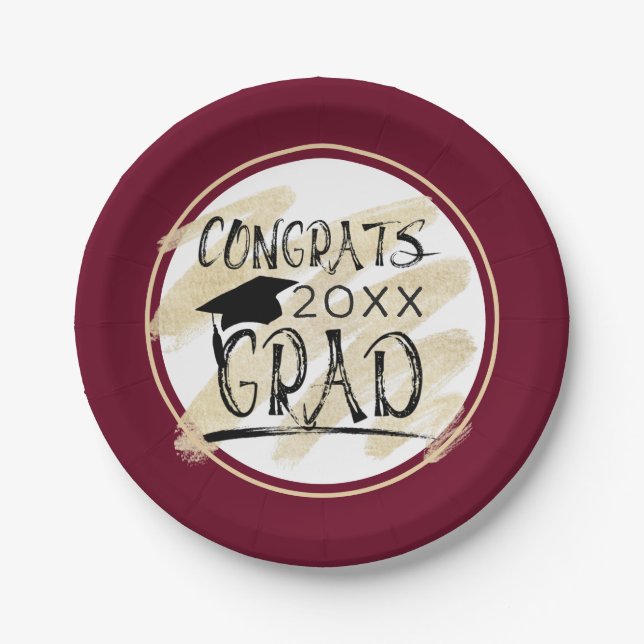 Maroon Gold CONGRATS GRAD Class Year Paper Plate (Front)