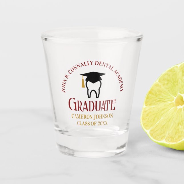 Maroon Gold Dental School Custom Graduation Party Shot Glass (Front)