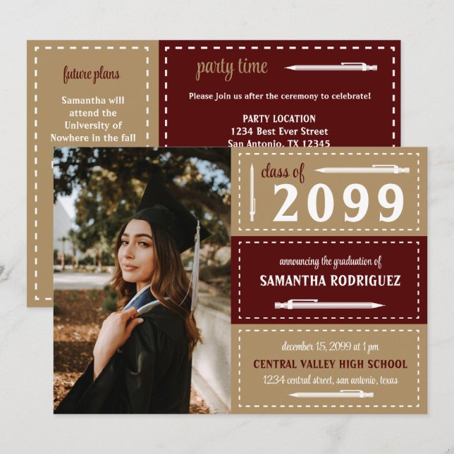Maroon & Gold Dotted Boxes and Pencils Graduation  Invitation (Front/Back)