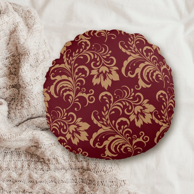 Maroon Gold Floral Swirl Round Pillow (Creator Uploaded)