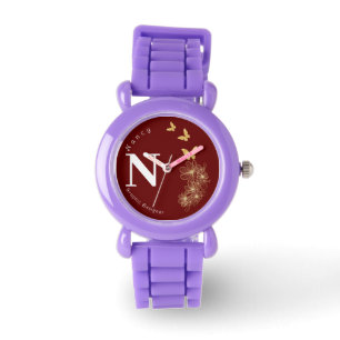Maroon gold flower butterfly minimalist kids watch