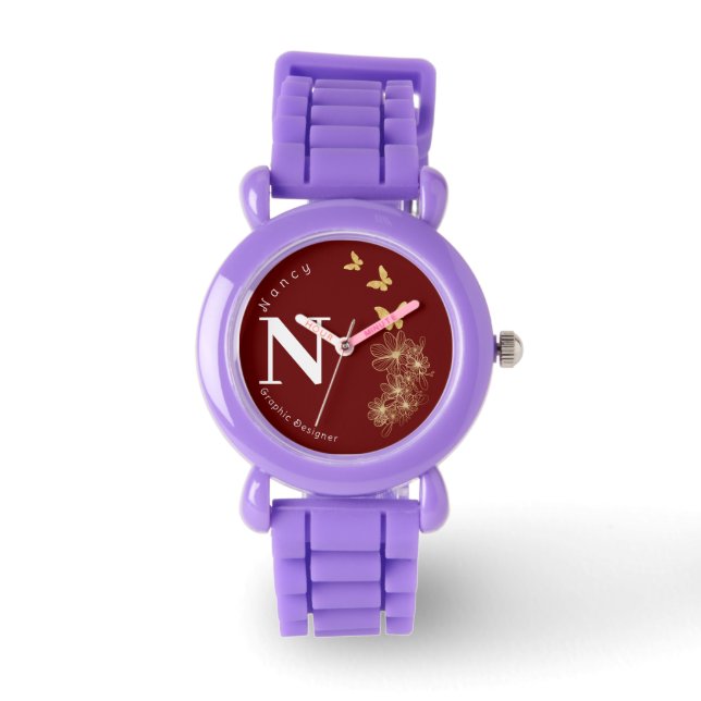 Maroon gold flower butterfly minimalist kids watch (Front)