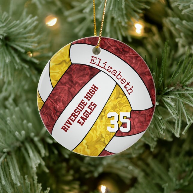 Maroon gold girly volleyball team colours ceramic ornament (Tree)