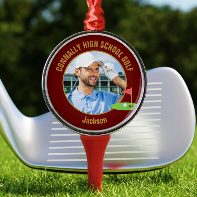 Maroon Gold Golfer Photo High School Golf Team Metal Ornament (Creator Uploaded)