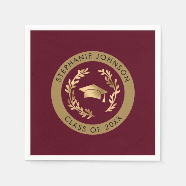 Maroon Gold Grad Cap Class of 20XX Party Napkin (Front)