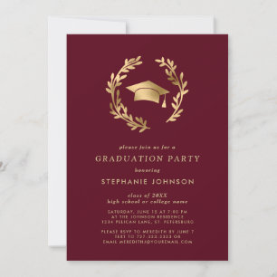 Maroon Gold Grad Cap Wreath Chic Graduation Party Invitation