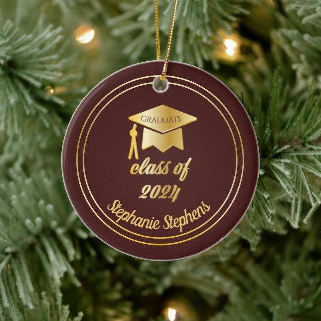Maroon Gold Graduate Cap Graduation 2022 Photo Ceramic Ornament (Tree)
