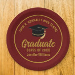 Maroon Gold Graduate Custom 2024 Graduation Party Paper Plate<br><div class="desc">This modern maroon and gold custom graduation party paper plate features classy typography of your high school or college name for the class of 2024. Customize with your graduating year under the chic handwritten script and black grad cap for great personalized graduate decor.</div>