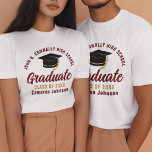 Maroon Gold Graduate Custom School 2025 Graduation<br><div class="desc">These modern maroon and gold script custom senior graduate tri-blend t-shirts feature your high school or college name for the class of 2025. Customize with your graduating year under the chic handwritten script and black grad cap for a great personalized graduation party tee for seniors.</div>