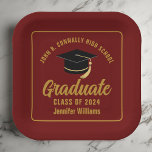 Maroon Gold Graduate Graduation Party Square Paper Plate<br><div class="desc">This modern maroon and gold custom graduation party paper plate features classy typography of your high school or college name for the class of 2025. Customize with your graduating year under the chic handwritten script and black grad cap for great personalized graduate decor.</div>