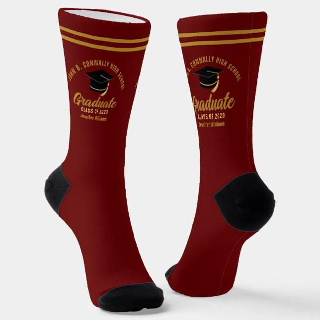 Maroon Gold Graduate Personalized 2025 Graduation Socks (Angled)