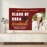 Maroon Gold Graduate Photo 2024 Graduation Party Banner<br><div class="desc">This modern maroon and gold custom senior graduation party banner features classy white typography of your college name for the class of 2024 in Varsity letters and your senior photo under a trendy arch. Customize with your graduate name under the chic handwritten script and black grad cap for great celebration...</div>