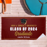 Maroon Gold Graduate Photo 2025 Graduation Party Beach Towel<br><div class="desc">This modern maroon and gold custom senior graduation party beach towel features classy typography and your college name for the class of 2025 and white Varsity letters. Customize with your graduate name under the chic handwritten script and black grad cap for a great commemorative keepsake gift.</div>