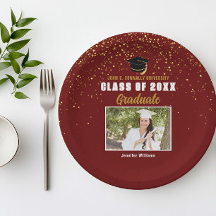 Maroon Gold Graduate Photo Chic Graduation Party Paper Plate