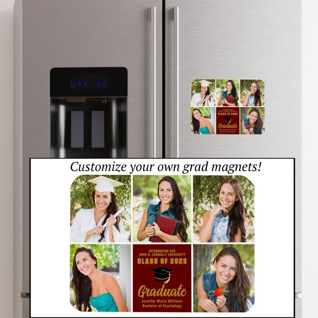 Maroon Gold Graduate Photo Collage Chic Graduation Magnet (Creator Uploaded)