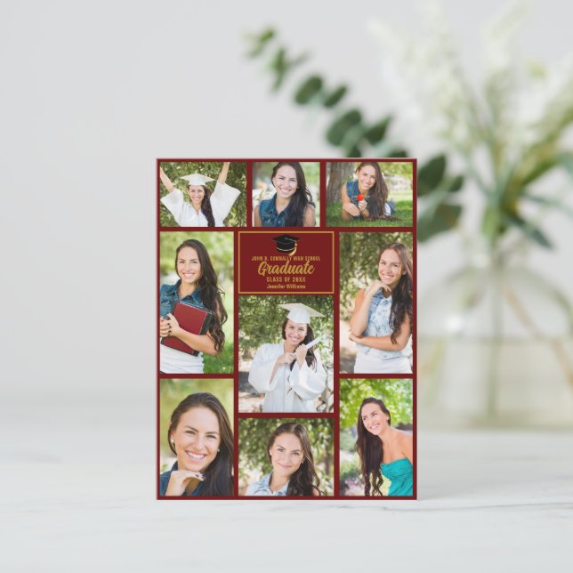 Maroon Gold Graduate Photo Collage Graduation Postcard (Standing Front)