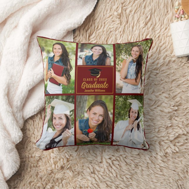 Maroon Gold Graduate Photo Collage Graduation Throw Pillow (Blanket)