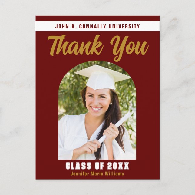 Maroon Gold Graduate Photo Graduation Thank You  Postcard (Front)