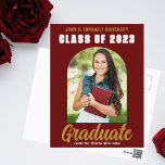 Maroon Gold Graduate Photo Modern Bold Graduation Postcard<br><div class="desc">This modern maroon and gold custom senior photo graduate announcement postcard features your high school or college name for the class of 2025. Customize with your name under the chic,  bold handwritten script and trendy arch for a great personalized graduation postcard.</div>