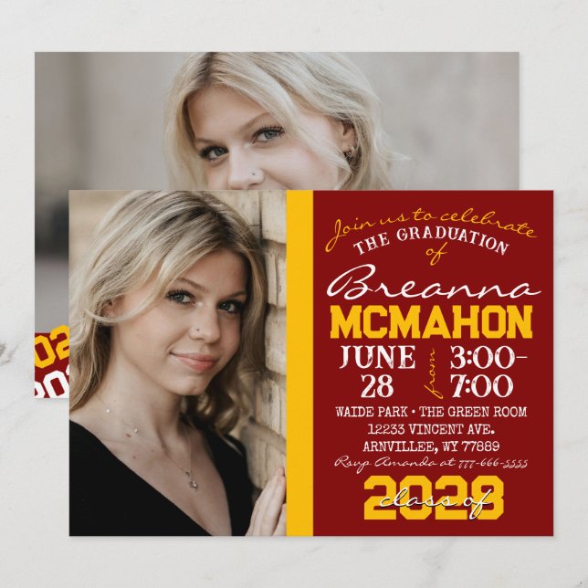 Maroon & Gold Graduation 2 Photo Invitation (Front/Back)
