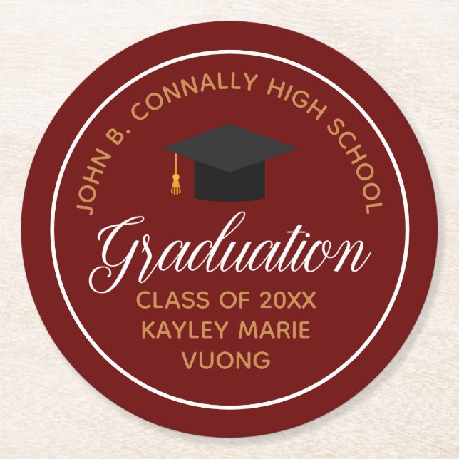 Maroon Gold Graduation Custom School Party Round Paper Coaster (Front)