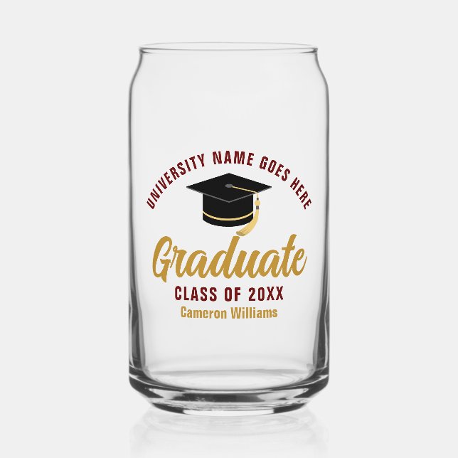 Maroon Gold Graduation Personalized Graduate Can Glass (Front)