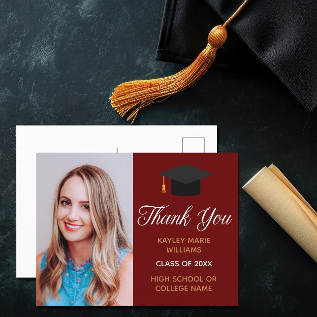 Maroon Gold Graduation Photo Graduate Thank You Postcard (Creator Uploaded)