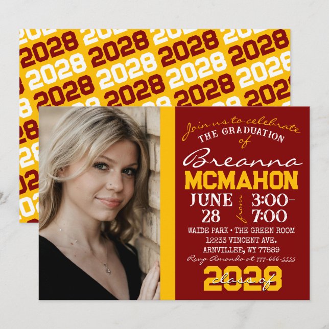 Maroon & Gold Graduation Photo Invitation (Front/Back)