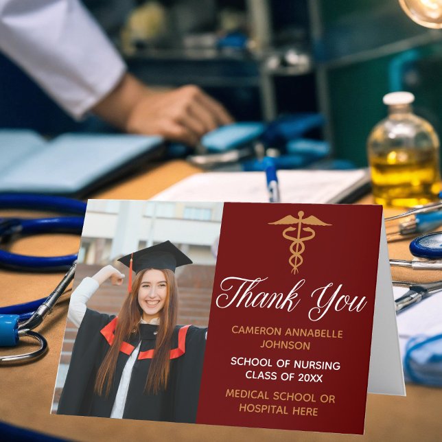 Maroon Gold Graduation Photo Medical School Thank You Card (Creator Uploaded)
