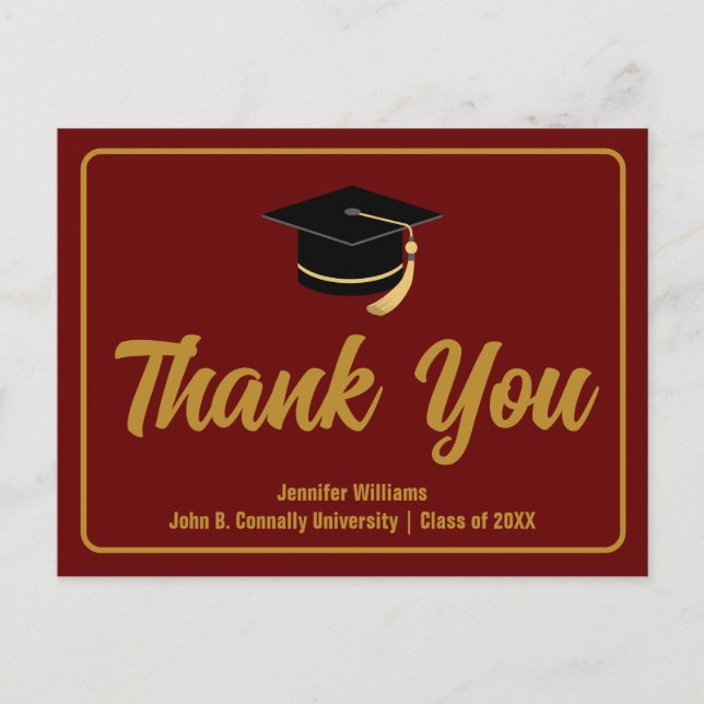Maroon Gold Graduation Typography Thank You Postcard (Front)