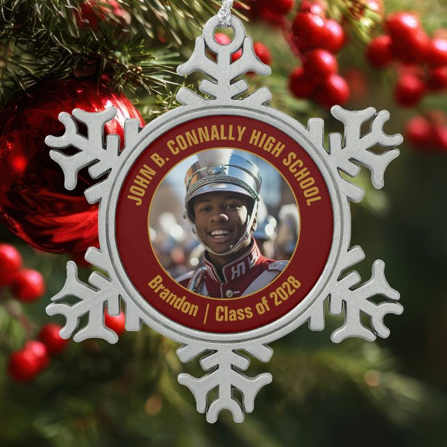 Maroon Gold High School Marching Band Photo Gift Snowflake Pewter Christmas Ornament (Creator Uploaded)