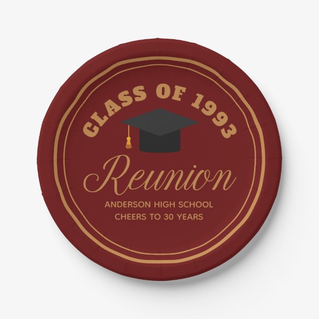 Maroon Gold High School Reunion Personalized Party Paper Plate (Front)
