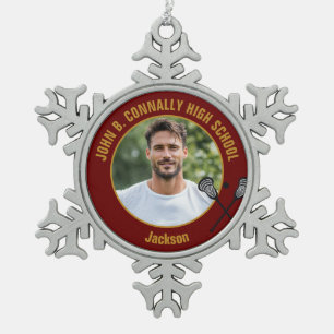 Maroon Gold Lacrosse Player Photo High School Snowflake Pewter Christmas Ornament