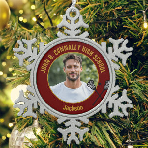 Maroon Gold Lacrosse Player Photo High School Snowflake Pewter Christmas Ornament