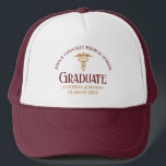 Maroon Gold Medical School Graduate Customizable Trucker Hat<br><div class="desc">This maroon and gold custom medical school graduation hat gift features modern typography for a class of 2024 graduate. Customize with your graduating year under the caduceus for great personalized nurse or doctor keepsake for a graduating physician.</div>