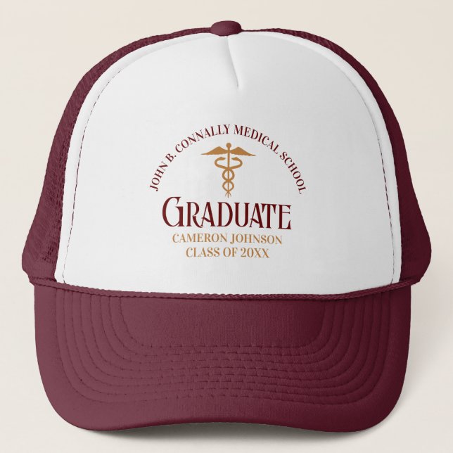 Maroon Gold Medical School Graduate Customizable Trucker Hat (Front)
