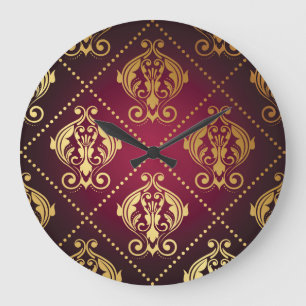 Maroon Gold Ornament Vintage Wallpaper Large Clock