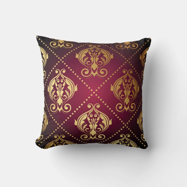 Maroon Gold Ornament Vintage Wallpaper Throw Pillow (Front)