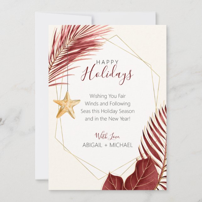 Maroon & Gold Palm Tree Tropical Beach Christmas H Holiday Card (Front)