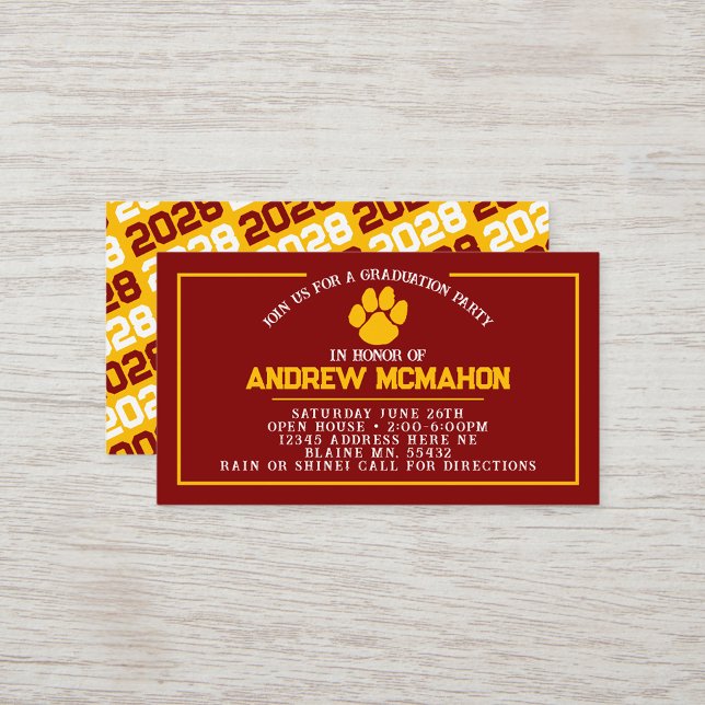 Maroon & Gold Pawprint Mini Graduation Invites (Maroon & Gold Paw Mini Graduation Invitations for friends, classmates, teammates or announcements)
