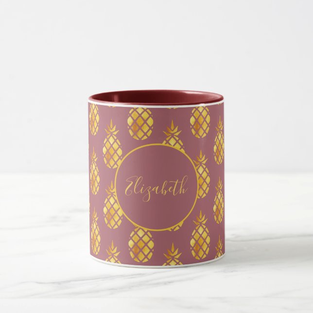 Maroon gold pineapples pattern family name mug (Center)