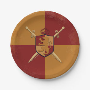 Maroon & Gold Royal Knight Griffin Shield Party Paper Plate