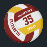 maroon gold school colours team name volleyball magnet<br><div class="desc">This volleyball themed magnet with custom team colours features the realistic image of a volleyball with maroon, gold and white panels upon which you can customize the player's name & jersey number plus school or club name and mascot name in a varsity letter style font - by katz_d_zynes | search...</div>