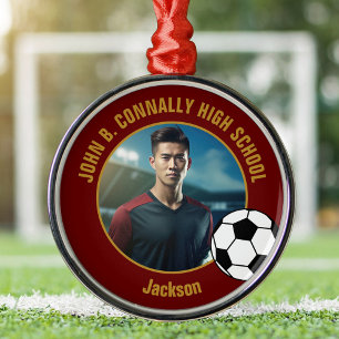 Maroon Gold Soccer Player Photo Christmas Metal Ornament