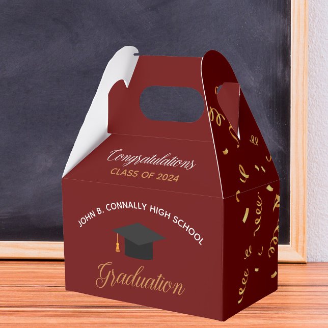 Maroon Gold Streamers Custom Graduation Party Favor Box (Creator Uploaded)