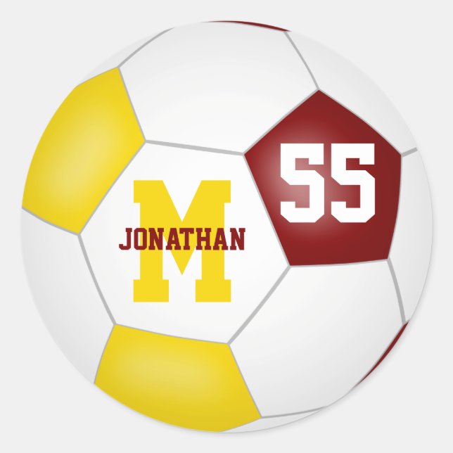 maroon gold team colours soccer ball personalized classic round sticker (Front)