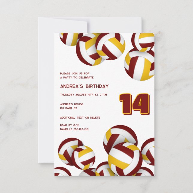 maroon gold team colours volleyballs teens birthda invitation (Front)