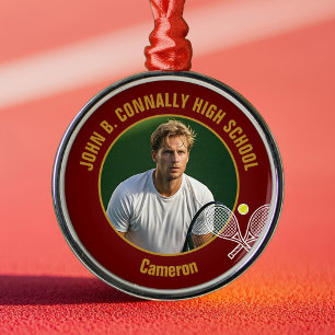 Maroon Gold Tennis Player Photo Christmas Gift Metal Ornament