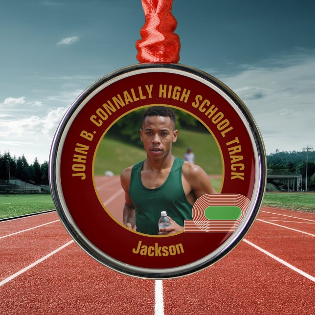 Maroon Gold Track Team Photo Runner Christmas Metal Ornament (Creator Uploaded)