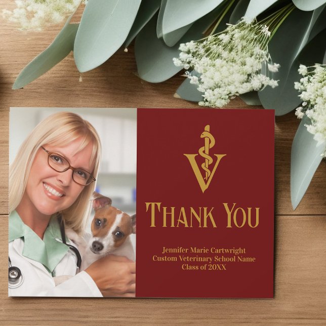 Maroon Gold Veterinarian Office Photo Customizable Thank You Card (Creator Uploaded)